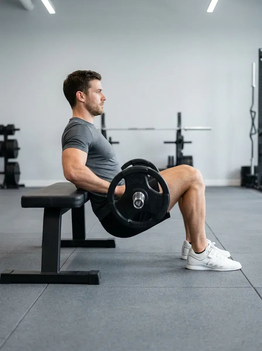 Athlete seated on the floor with upper back against a bench and a barbell across the hips