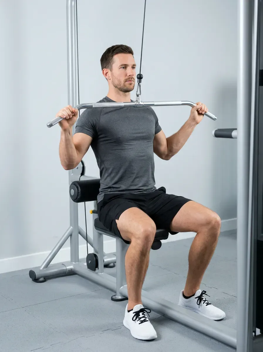 Athlete finishing a lat pulldown with the bar at the upper chest and shoulder blades squeezed