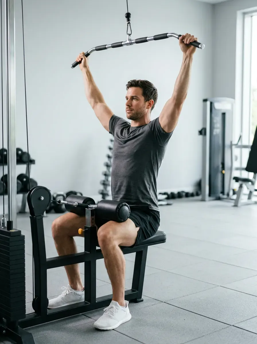 Athlete seated at a lat pulldown machine with arms fully extended overhead gripping the bar