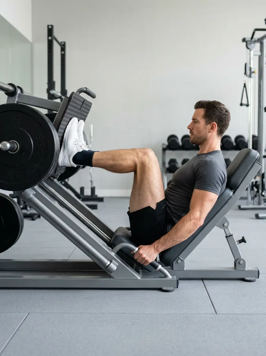 Athlete at the bottom of a leg press with knees bent and lower back flat against the pad