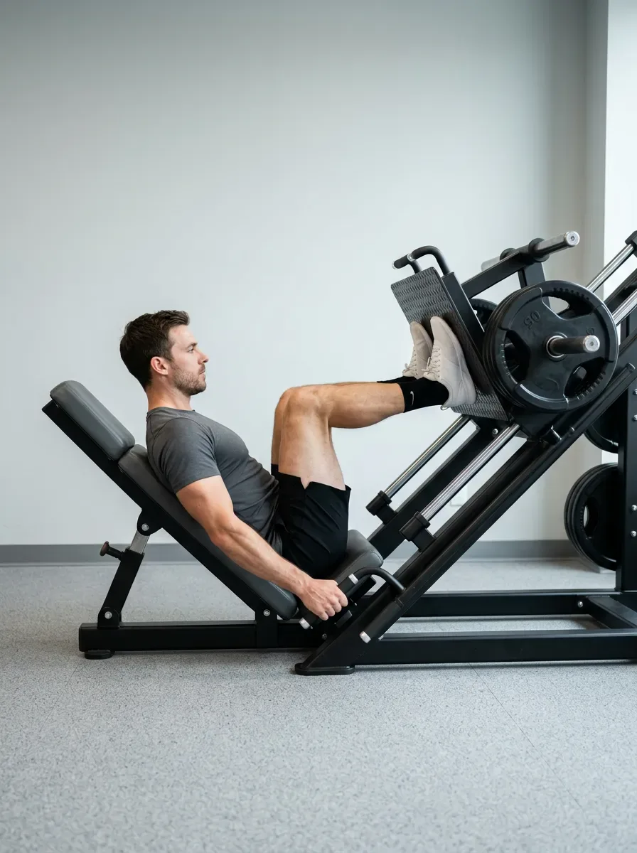 Athlete lowering the platform on a leg press machine with knees bending