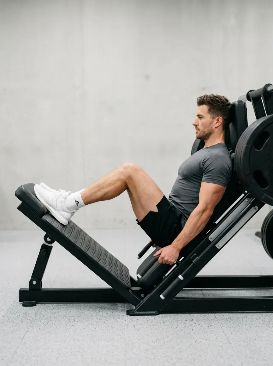 Athlete seated in a leg press machine with legs almost fully extended and feet on the platform