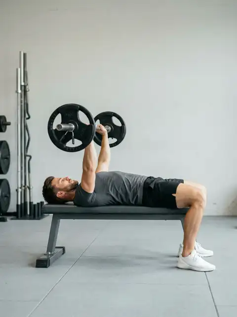 Animated loop of the bench press showing the start, midpoint and finish of one repetition