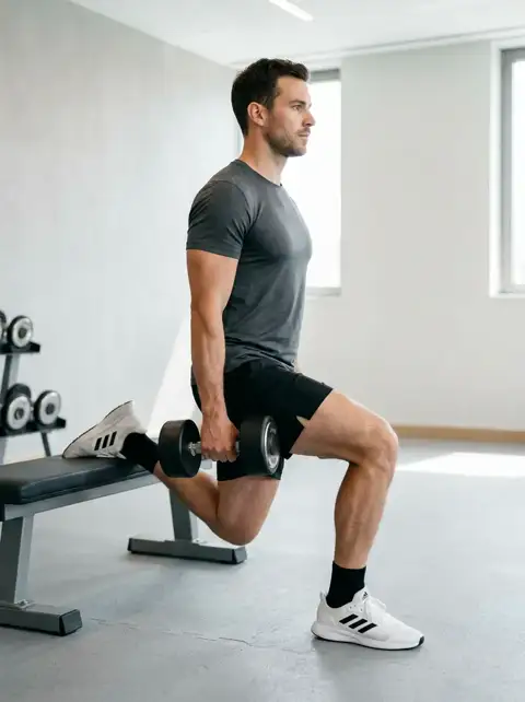 Animated loop of the bulgarian split squat showing the start, midpoint and finish of one repetition