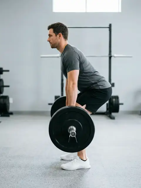Animated loop of the conventional deadlift showing the start, midpoint and finish of one repetition