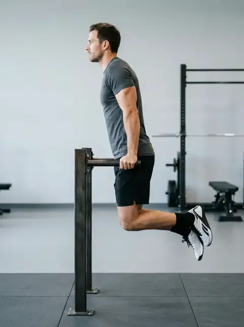 Animated loop of the dip showing the start, midpoint and finish of one repetition