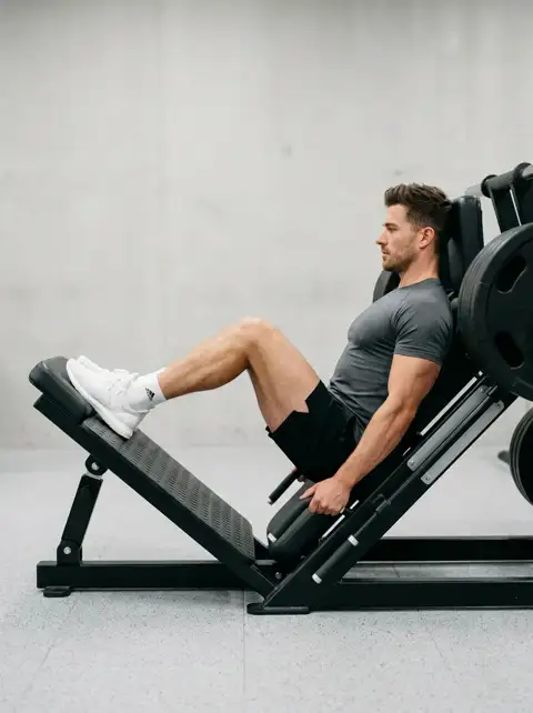 Animated loop of the leg press showing the start, midpoint and finish of one repetition
