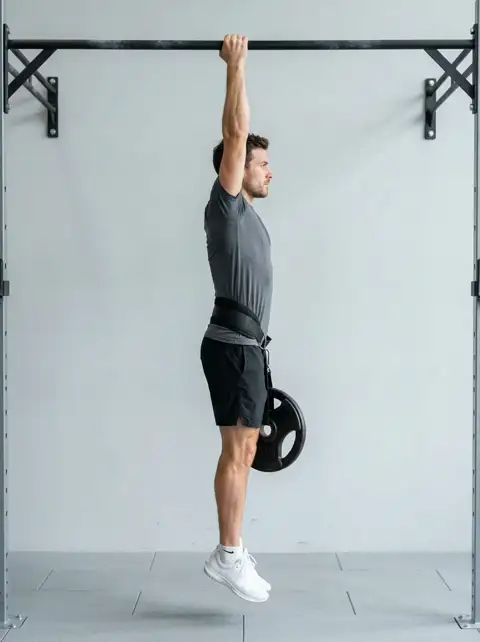 Animated loop of the weighted pull-up showing the start, midpoint and finish of one repetition