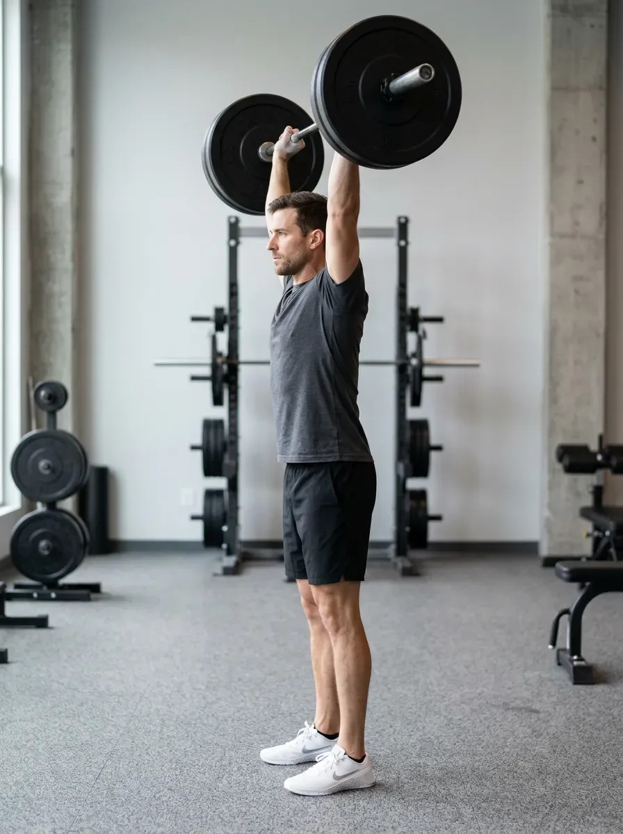 Athlete with a loaded barbell locked out fully overhead with arms straight