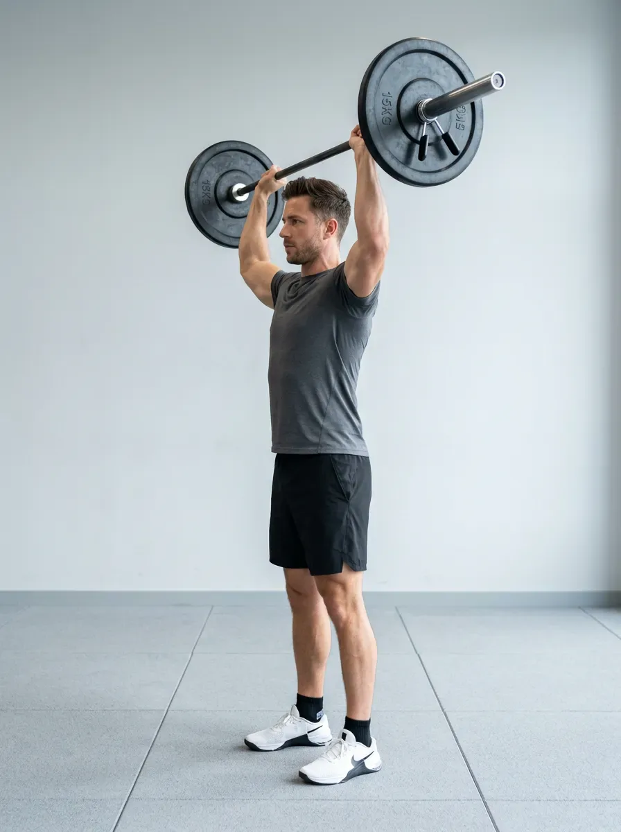 Athlete pressing a loaded barbell past forehead height during an overhead press