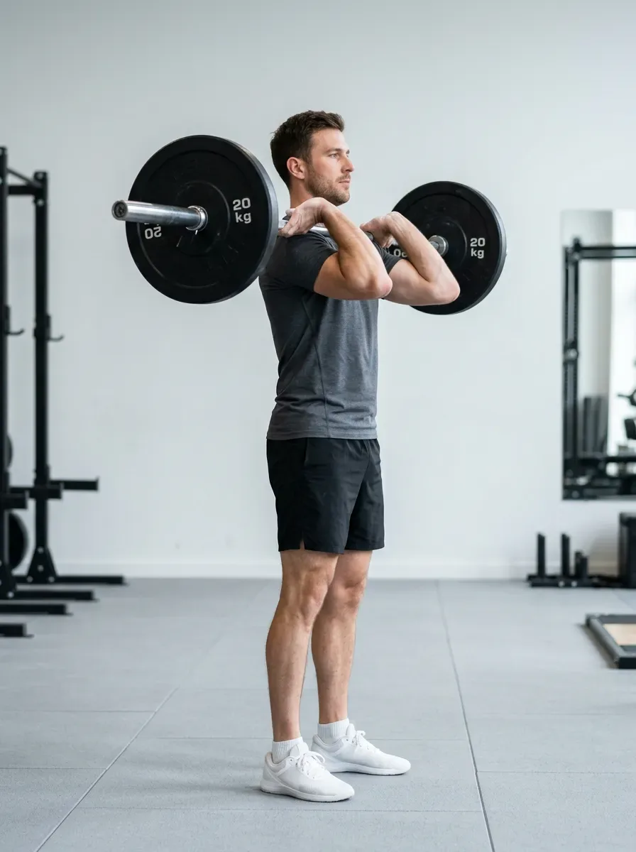 Athlete standing with a loaded barbell racked at the front shoulders ready to press