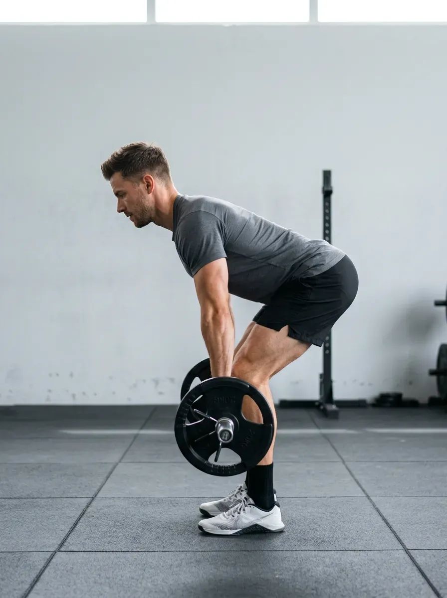 Athlete at the bottom of a Romanian deadlift with torso hinged forward and hamstrings stretched
