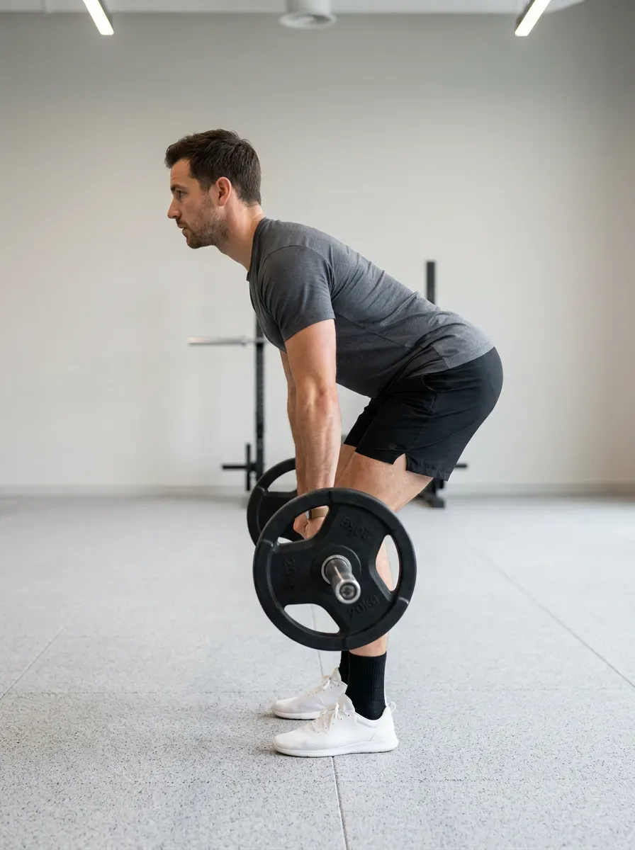 Athlete hinging forward with a barbell sliding down the thighs during a Romanian deadlift