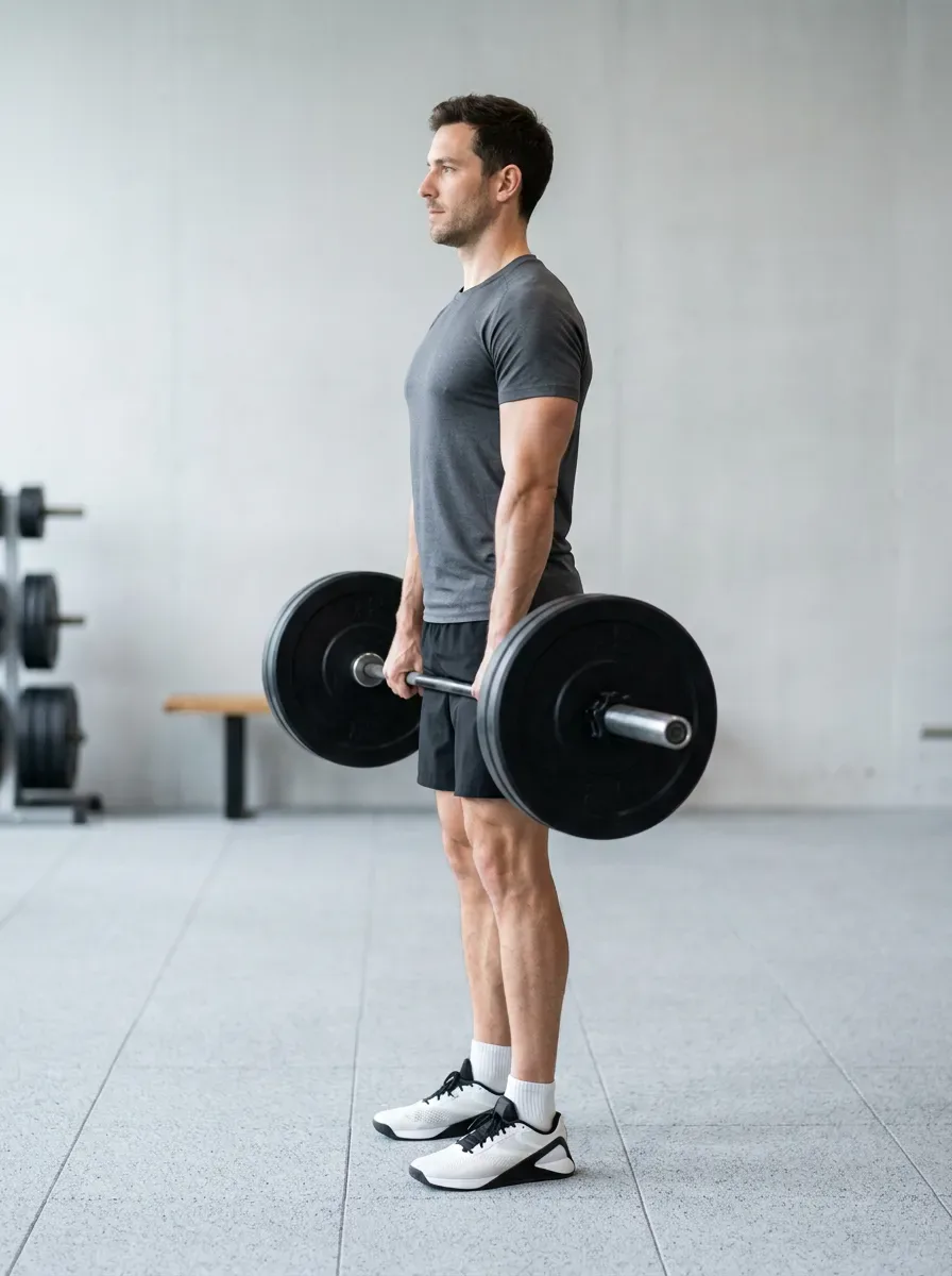 Athlete standing upright holding a loaded barbell against his thighs before a Romanian deadlift