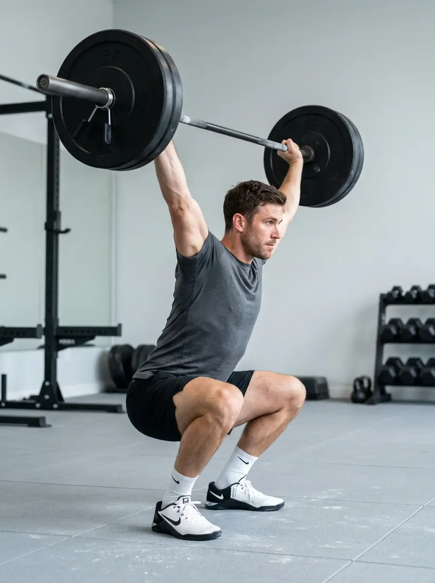 Athlete catching a snatch overhead in a deep squat with the barbell locked out