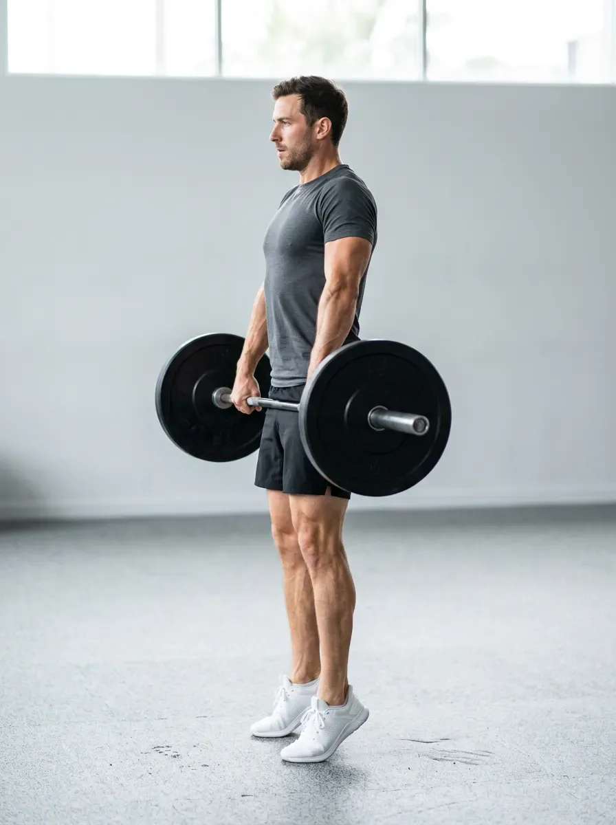 Athlete at full extension during the snatch pull with the barbell close to the body