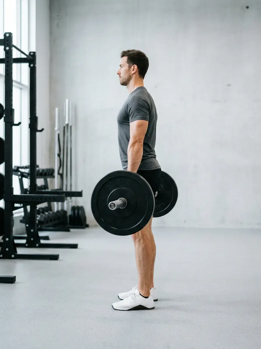 Athlete set up over a loaded barbell in the snatch start position with a wide grip