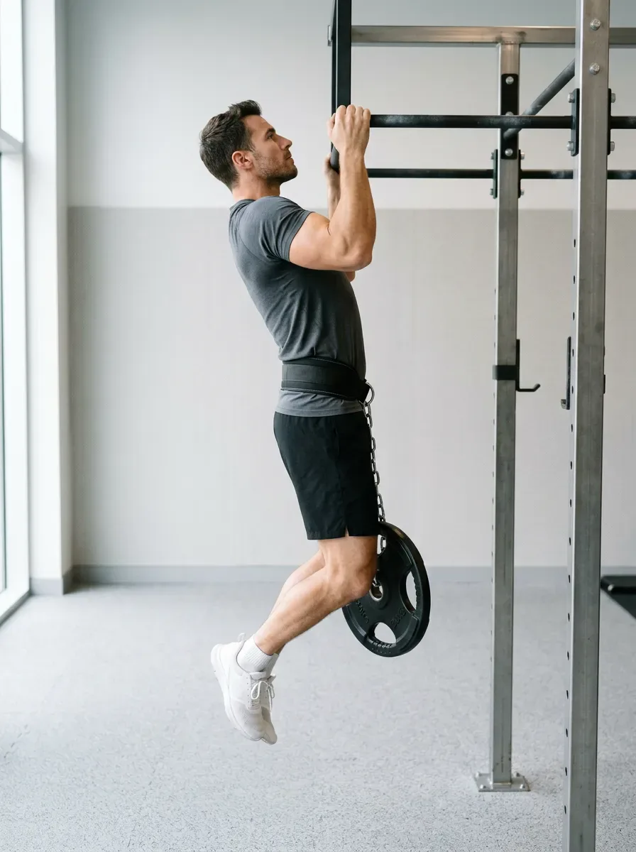 Athlete at the top of a weighted pull up with the chin above the bar