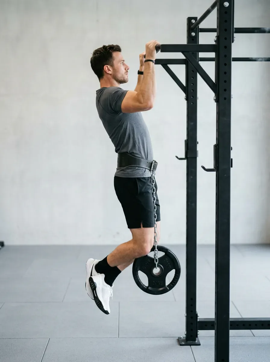 Athlete performing a weighted pull up with elbows bent pulling upward
