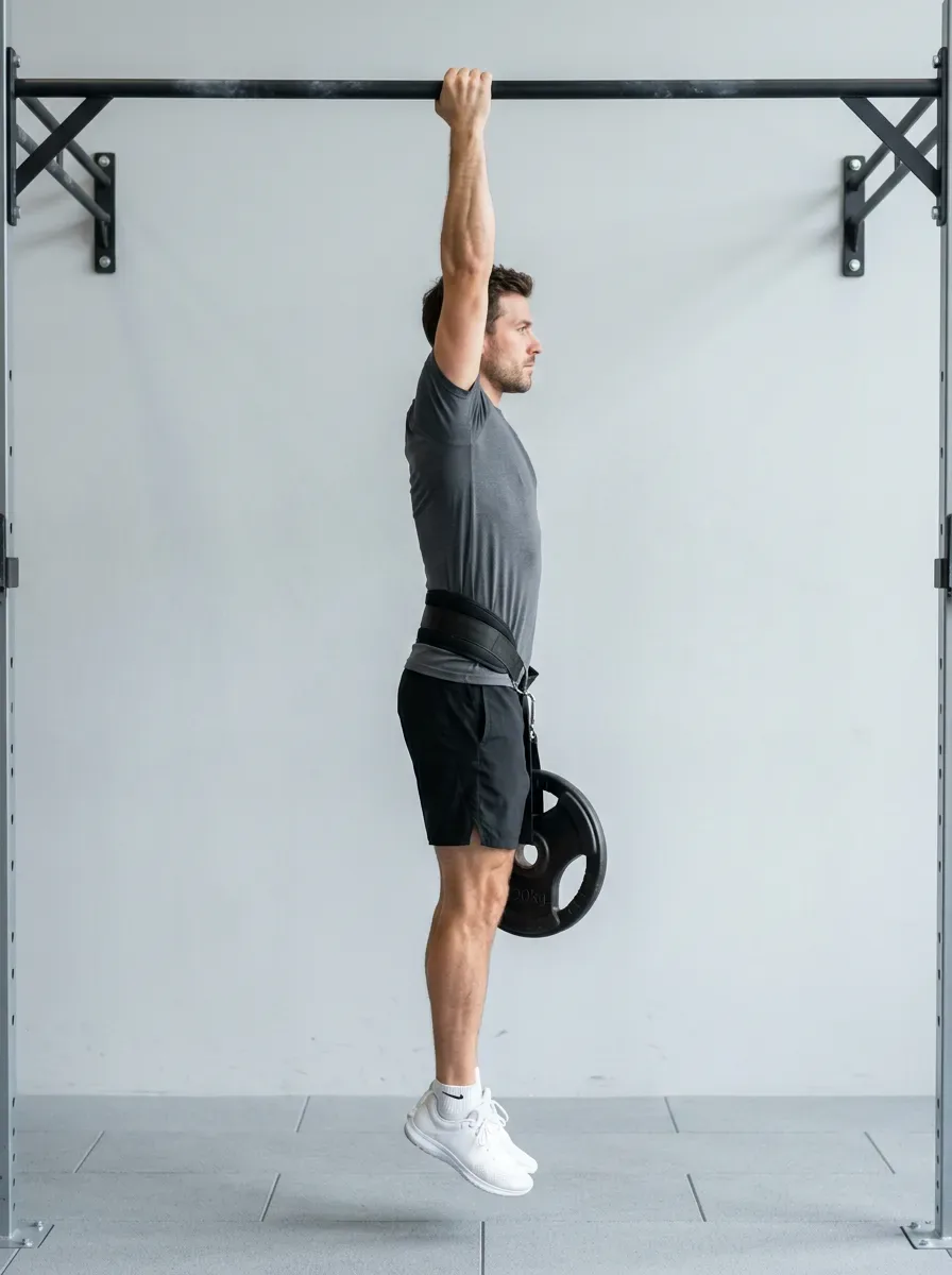 Athlete hanging from a pull up bar with a weight plate on a dip belt and arms straight